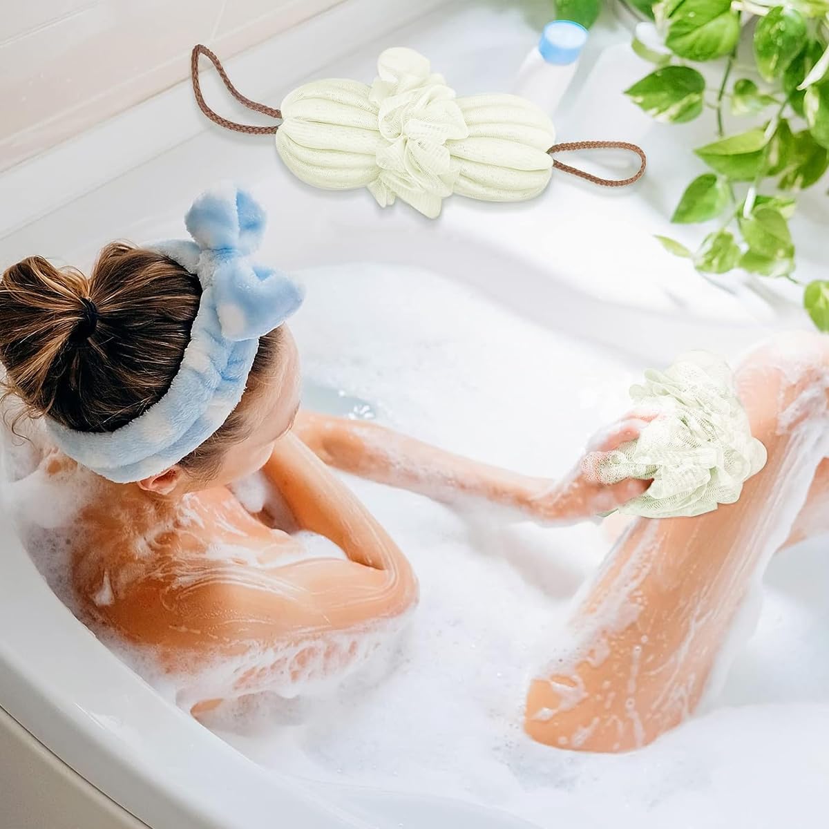 MAYCREATE Bath Shower Loofah Sponge 2 Pack with Dual Rope Handles 24–100 cm | Navy and Green Exfoliating Back Scrubber for Women and Men