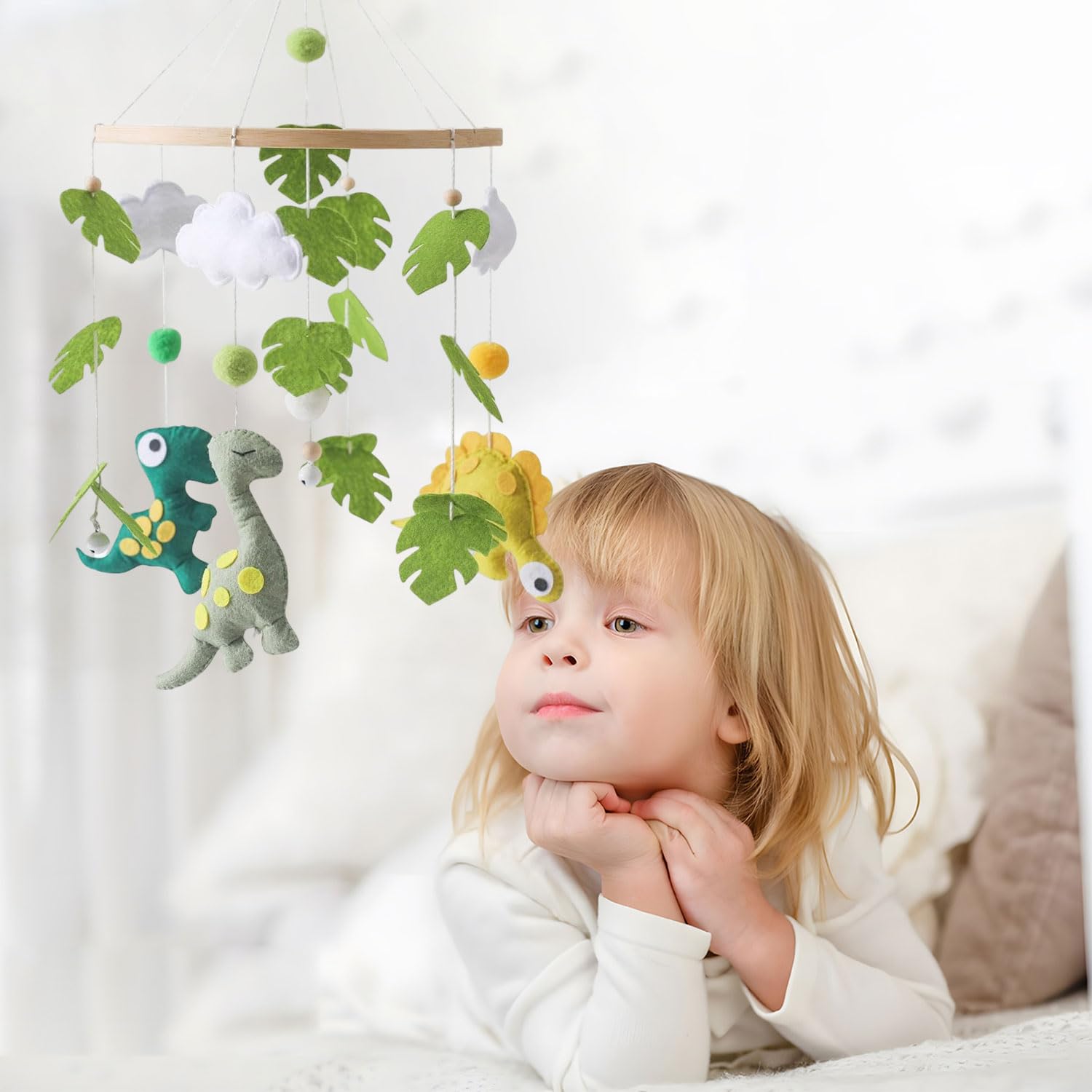 SNOWIE SOFT Crib Mobile Toy with Felt Dinosaur Plush and Wooden Ring for Nursery | Baby Shower Gift