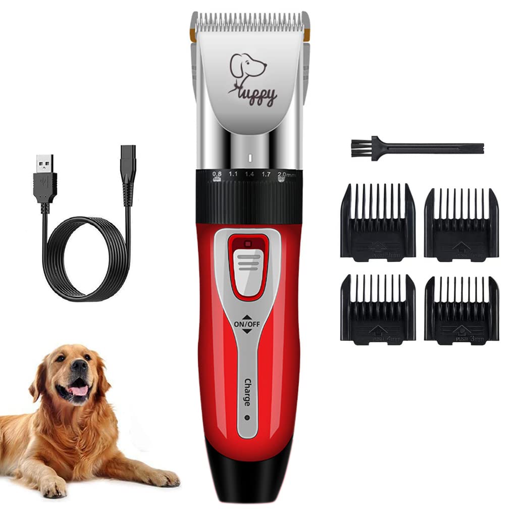 Qpets® Electric Dog Hair Trimmer USB Rechargeable Hair Trimmer for Cat Thick Long Hair Dog Hair Trimmer Kit with Hair 4 Limiting Comb, Cleaning Brush, Pet Grooming Hair Clipper(Battery Power)