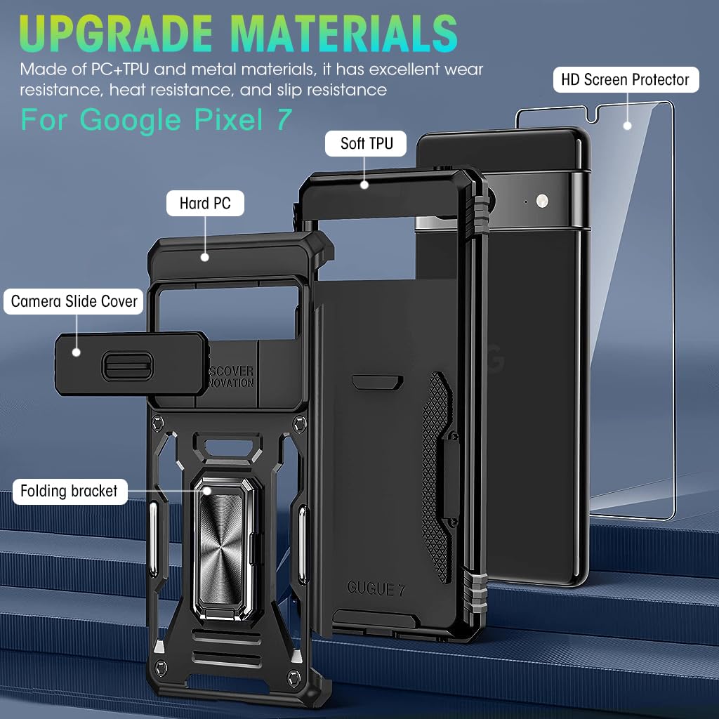 ZORBES Phone Case for Google Pixel 7 with 360° Ring Stand and Sliding Camera Cover Black