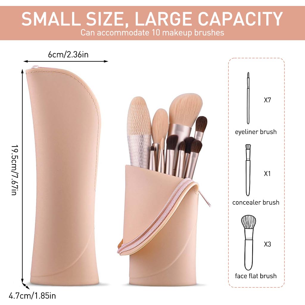 MAYCREATE® Makeup Brush Holder Silicone Makeup Brush Organizer Travel Makeup Brush Zipper Pouch Stand-up Desk Make up Brush Case Small Cute Cosmetic Bag Mini Makeup Pouch, 6.3x20.3cm