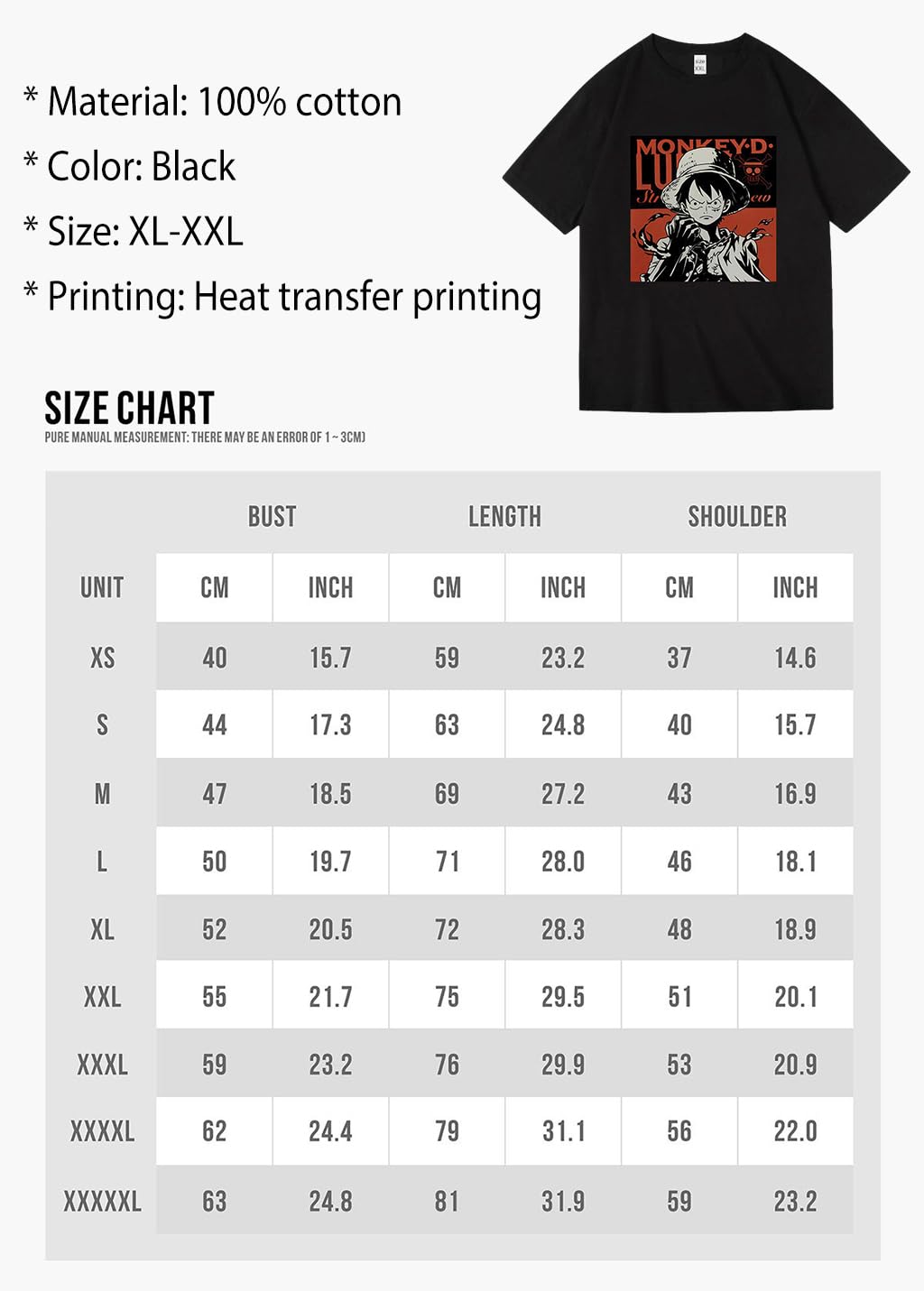 GUSTAVE Fashion T Shirt for Anime Fans featuring Monkey D Luffy Print | Black Dacron 2XL