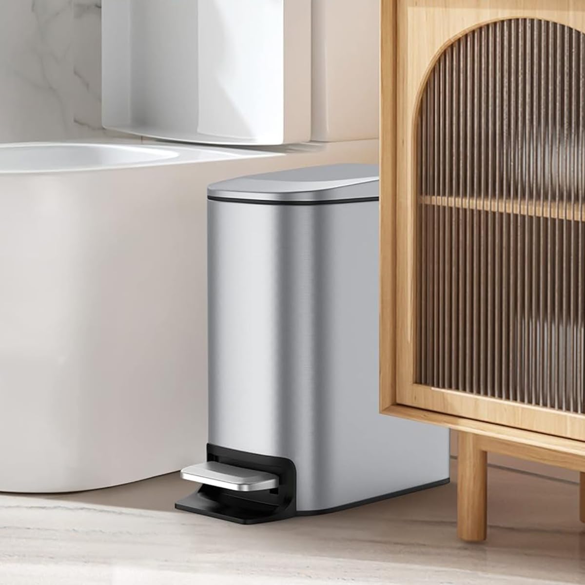 HASTHIP Slim Bathroom Trash Can for Small Spaces with Soft Close Pedal Lid 6 L Stainless Steel Bin
