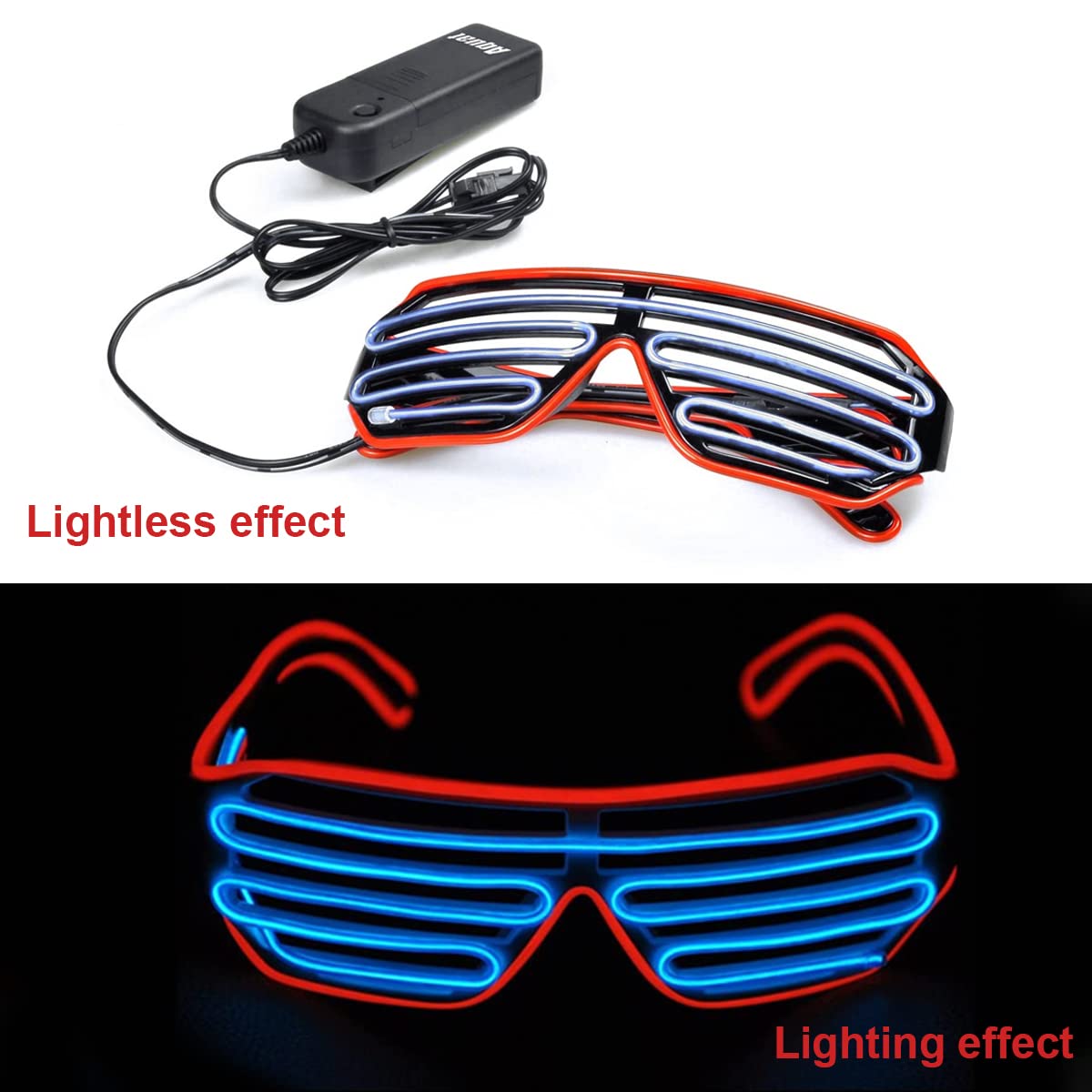 PATPAT Party Glasses, Light Up Flashing Shutter Neon Glasses, Two-Tone Glasses Glow in The Dark for Rave Party, Halloween, Christmas, 3 Light Modes (Red- Blue)