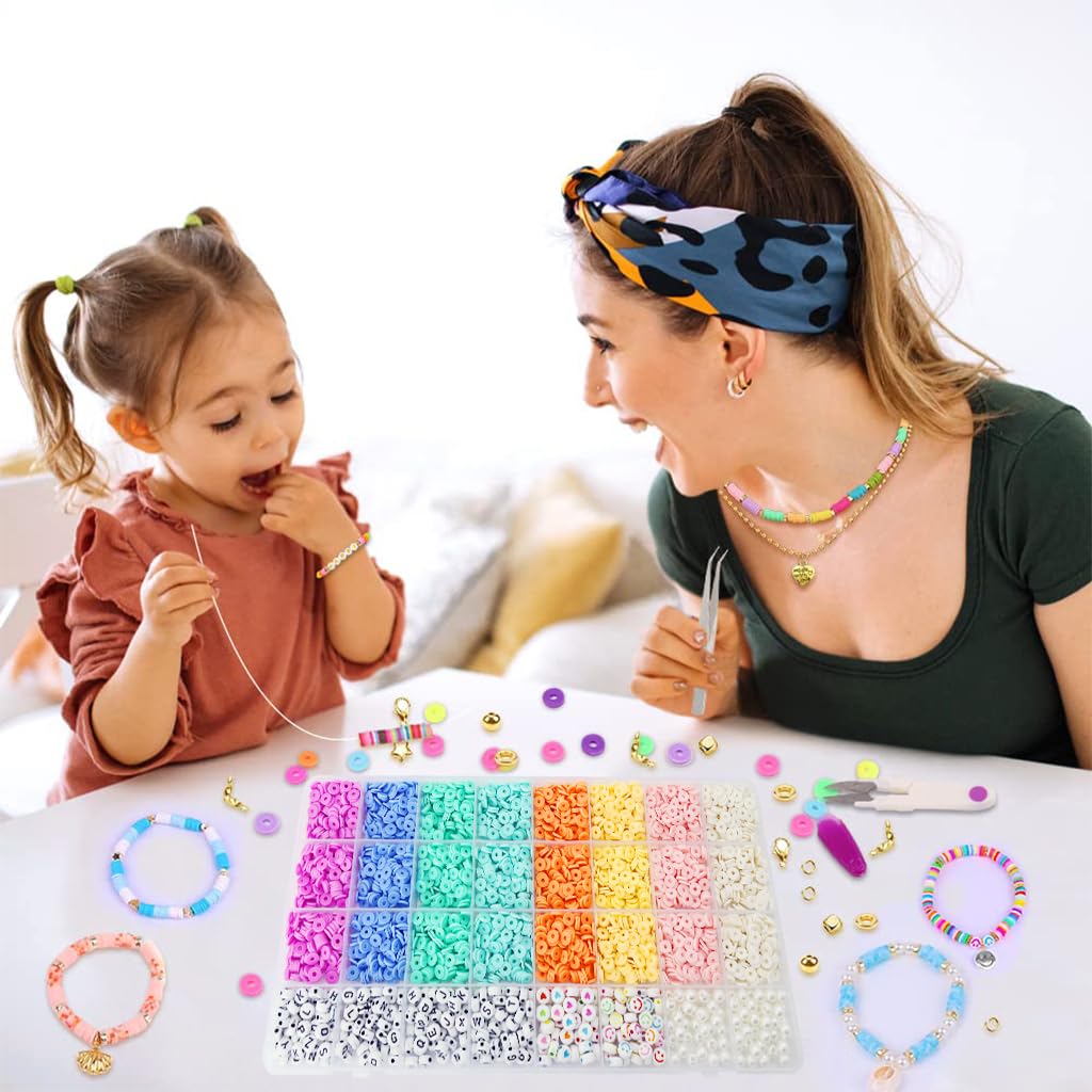 SANNIDHI 3860pcs Clay Beads Letter Beads Kit for Bracelet Making 8-Color Clay Beads Heart Smile Face Beads Spacer Beads DIY Jewelry Making Beads Kit with Scissors, Tweezer, Crystal Lines