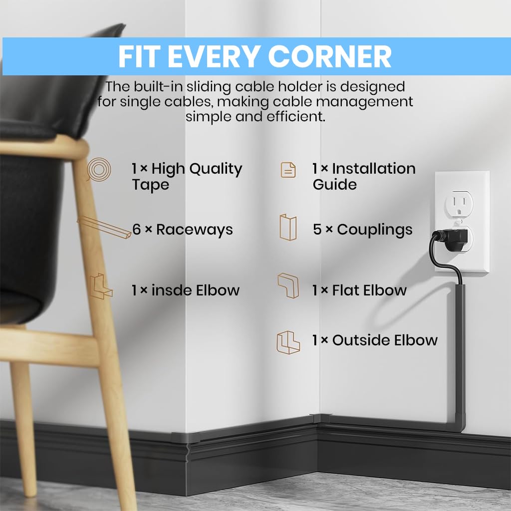 Serplex Cord Cover Kit for Wall TV Management featuring Sliding Cable Holder and 94in PVC Raceway