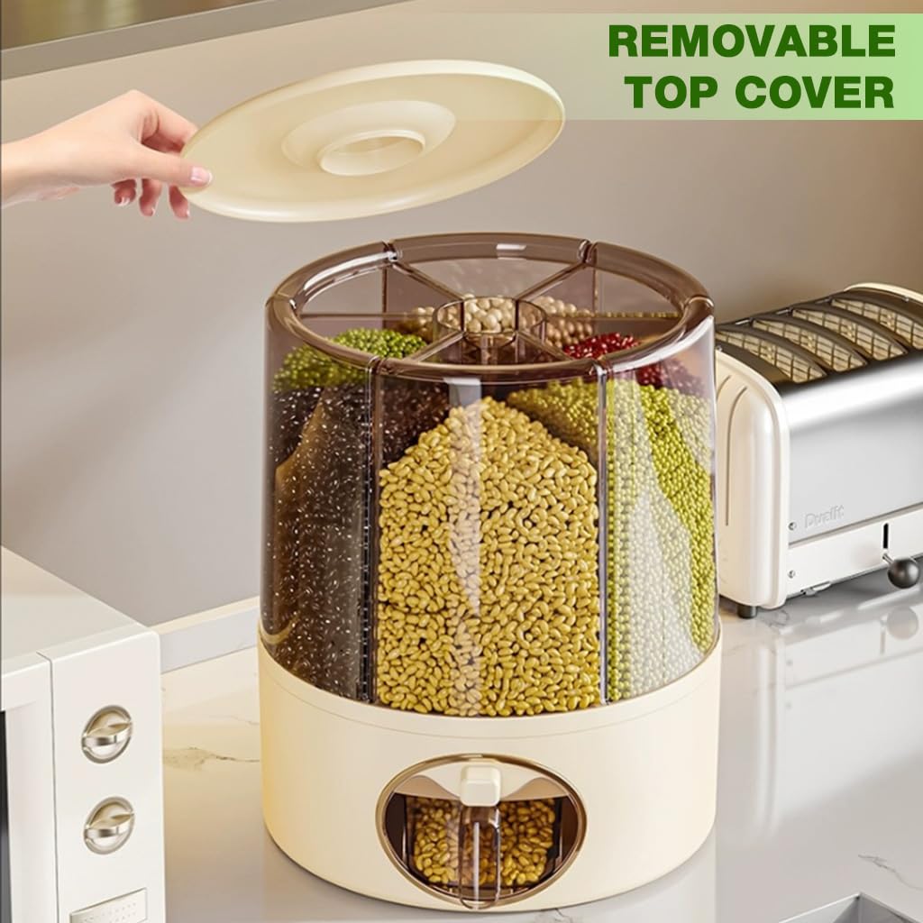 Supvox Cereal Dispenser for Kitchen with 6-in-1 Compartments and 24lbs Rice Storage | Moisture-Proof Rotatable Design