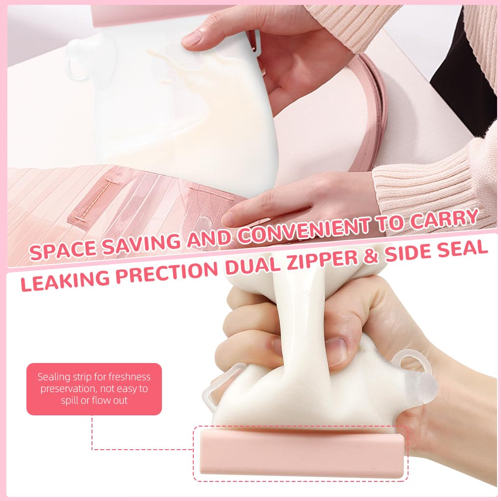 SNOWIE SOFT Breast Milk Storage Bags 320 ml for Baby Feeding with Double Seal Nozzle | BPA-Free Silicone Pink Set