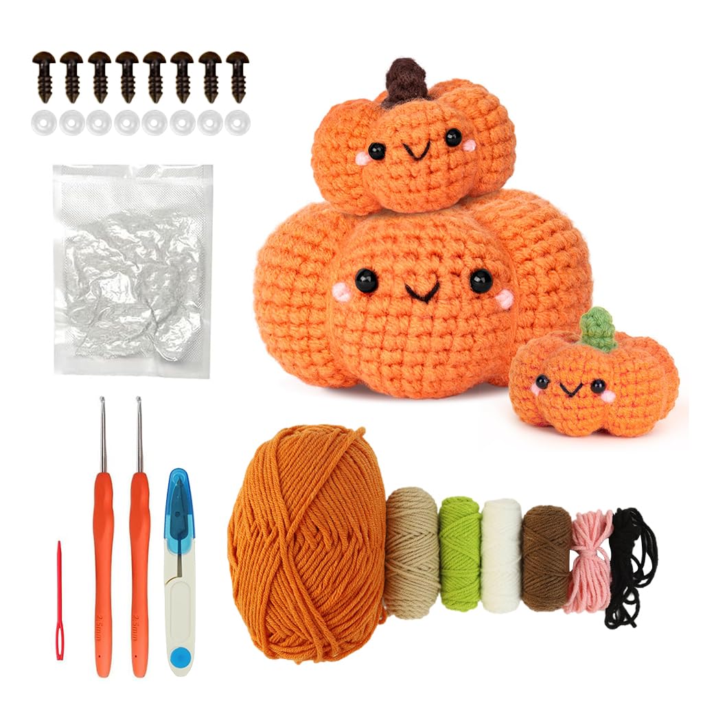 PATPAT DIY Crochet Material Kit for 3 Pumpkin Ornaments with Step-by-Step Tutorial | Kids Craft Set