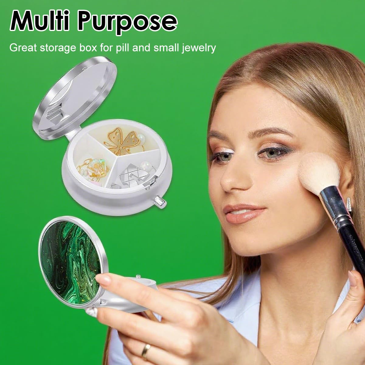 HANNEA Pill Box for Travel and Daily Use with 3 Compartments and Button Closure | Metal Case with Built In Mirror and Resin Art Lid, Green