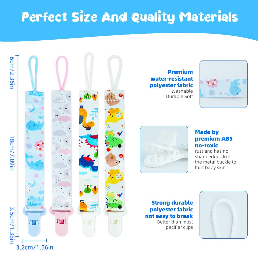 SNOWIE SOFT® 4pcs Anti Lost Pacifier Chain Strap Pacifier Clip for Toddlers Cartoon Fabric Pacifier Clip Strap for Soother, Teether, Toy, Pacifier Anti Lost Baby Pacifier Attaching Strap