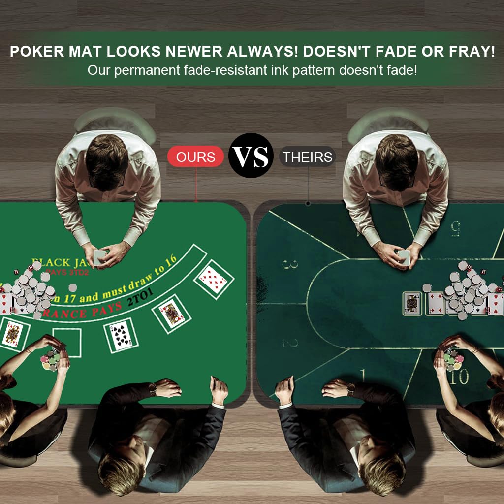PATPAT Blackjack Poker Table Mat for Home Play with 7 Betting Boxes 70.8x35.4 in Green | Anti Slip Rubber Base