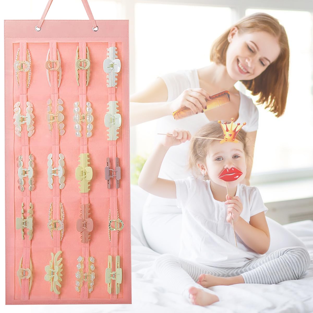 HASTHIP Hair Claw Clip Holder for Wall and Door with 20 Felt Belts 35×80cm | Organizer for Women