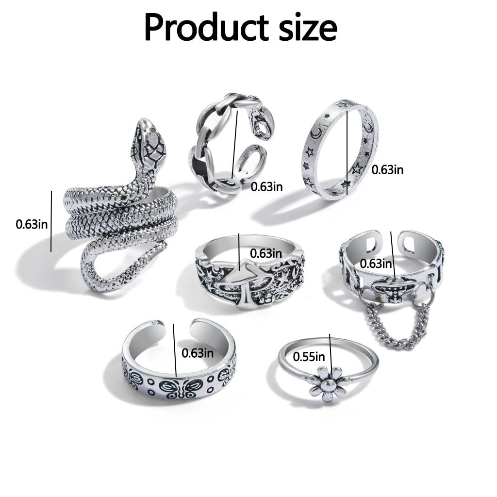Zibuyu Rings Set for Women featuring 7PC Vintage Distressed Open Joint Design in Silver | Boho Style