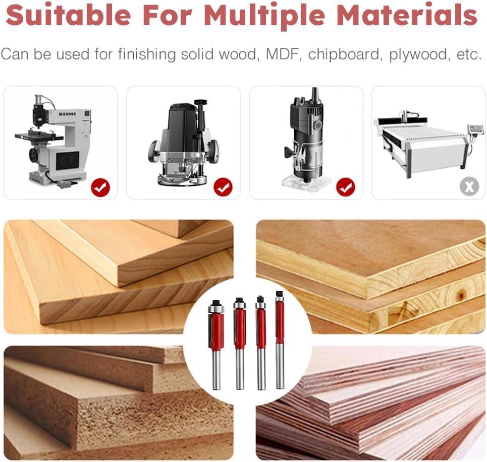 Serplex® 8PCS Flush Trim Router Bit Set Professional 1/4 Inch Shank Top Bearing Hard Alloy Cut Cutter for Woodworking Embedding Edging Milling