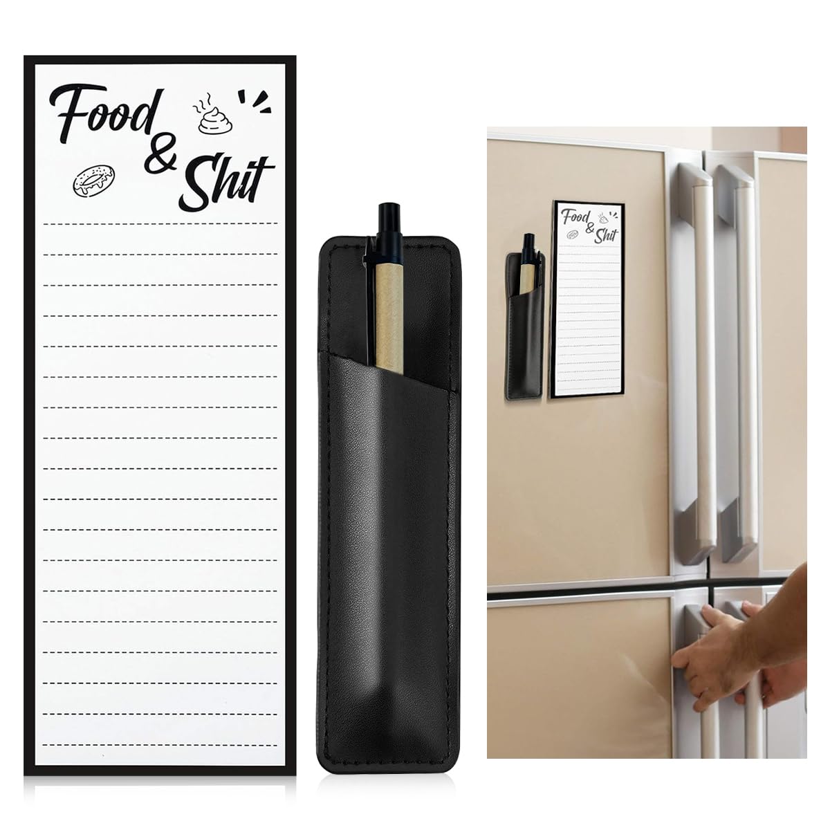 Climberty® Grocery Shopping List Fridge Magnet with Marker, 50-Sheet Magnetic Kitchen Grocery List Note Pads, Magnetic Pu Leather Marker Pouch for Shopping and to Do Lists (Black)