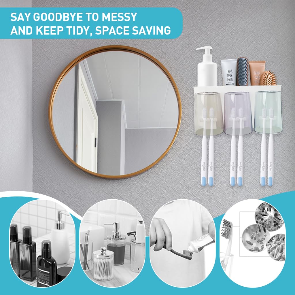 ZIBUYU® Toothbrush Holders for Bathrooms, 3 Cups Toothbrush Holder Wall Mounted - Large Capacity Tray, Cosmetic Drawer - Bathroom Organizer & Bathroom Organization and Storage