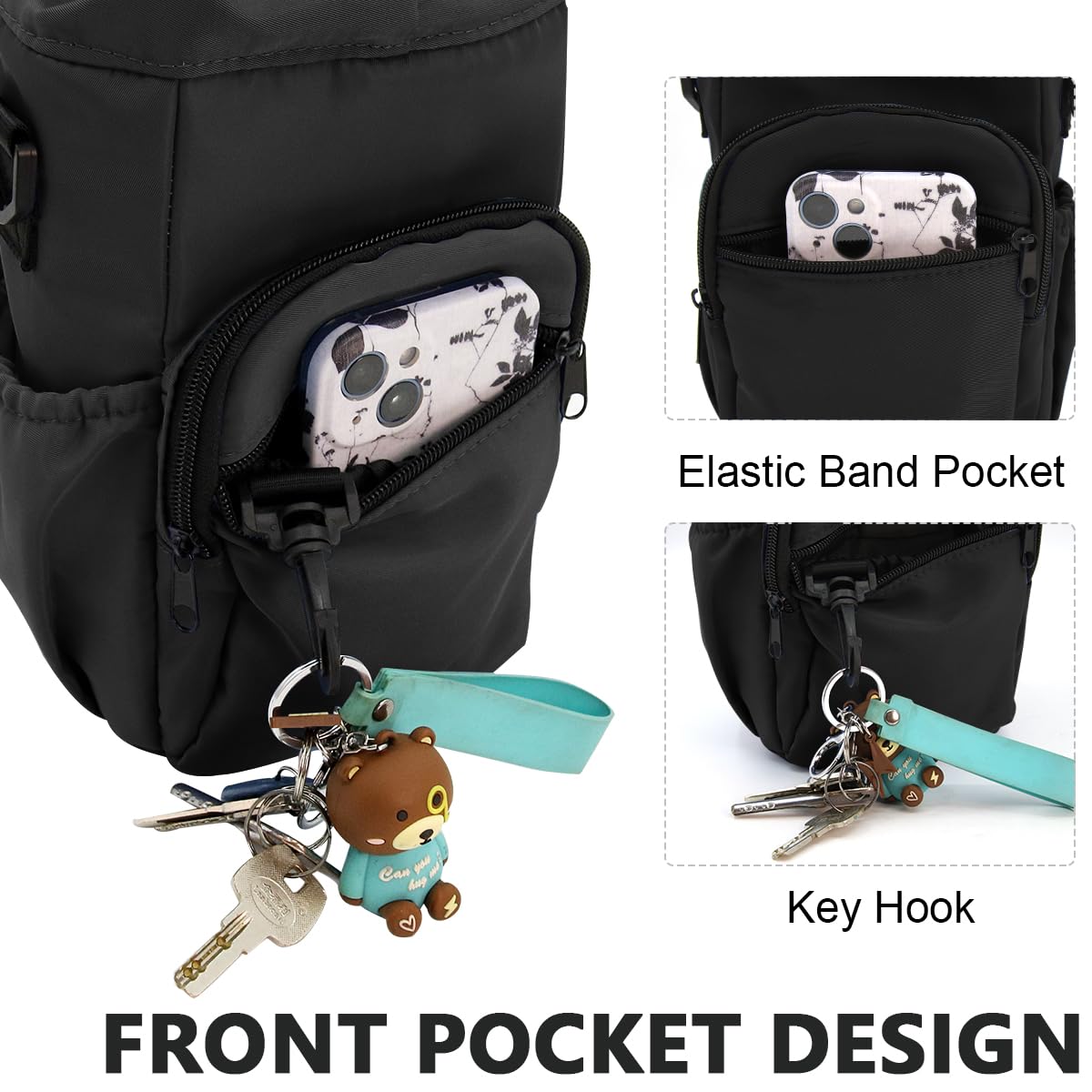 GUSTAVE Outdoor Water Bottle Carrying Bag for Hiking with 40oz Pouch and Phone Pocket | Black Canvas Sleeve