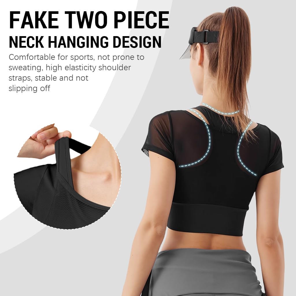 SANNIDHI Women’s Yoga Top with Built‑in Medium Support Sports Bra and Mesh Long Sleeves | Black Activewear for Fitness and Pilates
