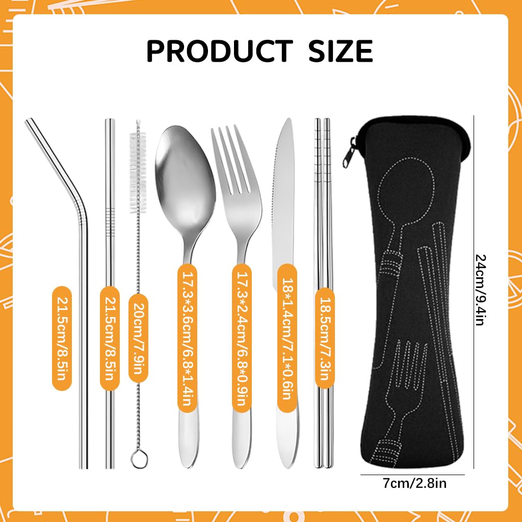 HASTHIP Flatware Set for Travel and Daily Dining with Storage Bag | 7Pcs 304 Stainless Steel Cutlery Featuring Chopsticks and Straw Brush