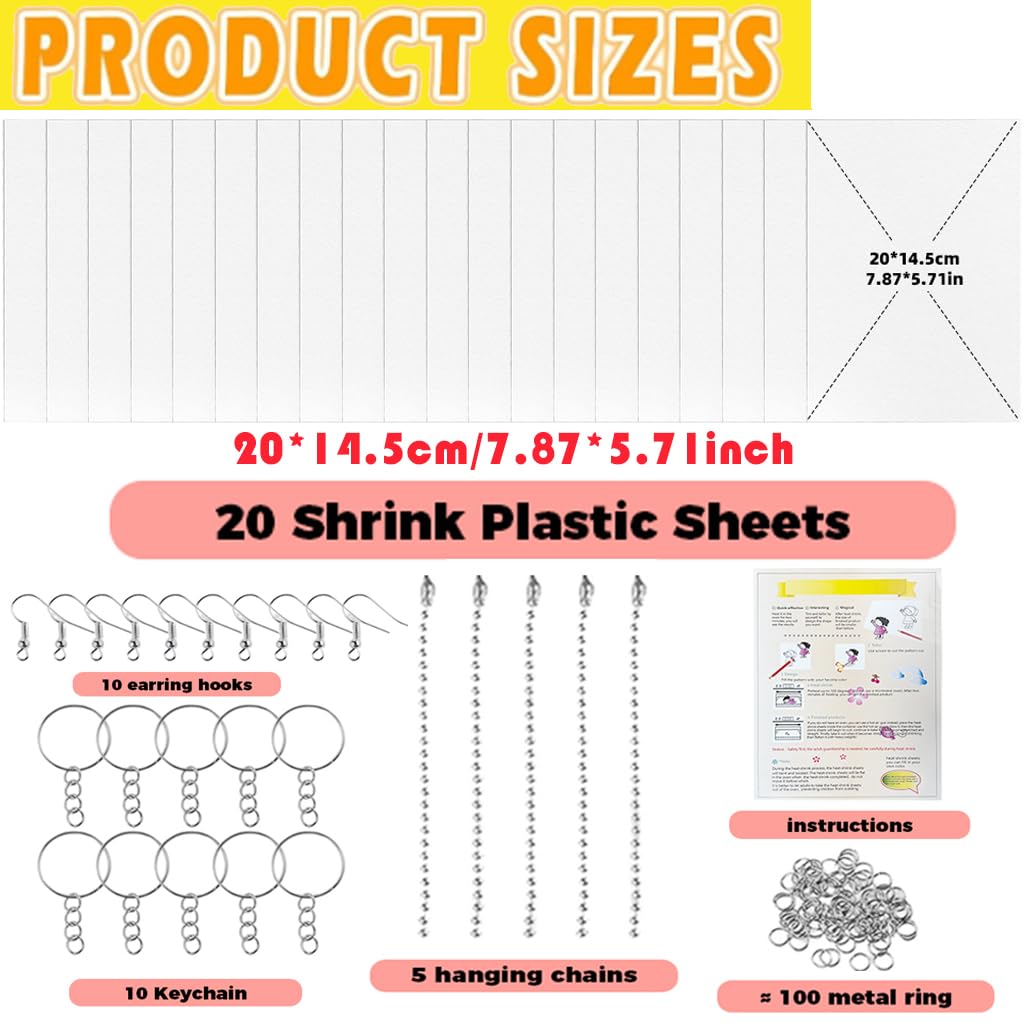PATPAT Shrink Paper Sheet Kit for DIY Keychains with 20 Sheets and 100 Metal Hooks | Fun Craft Set for Kids and Adults