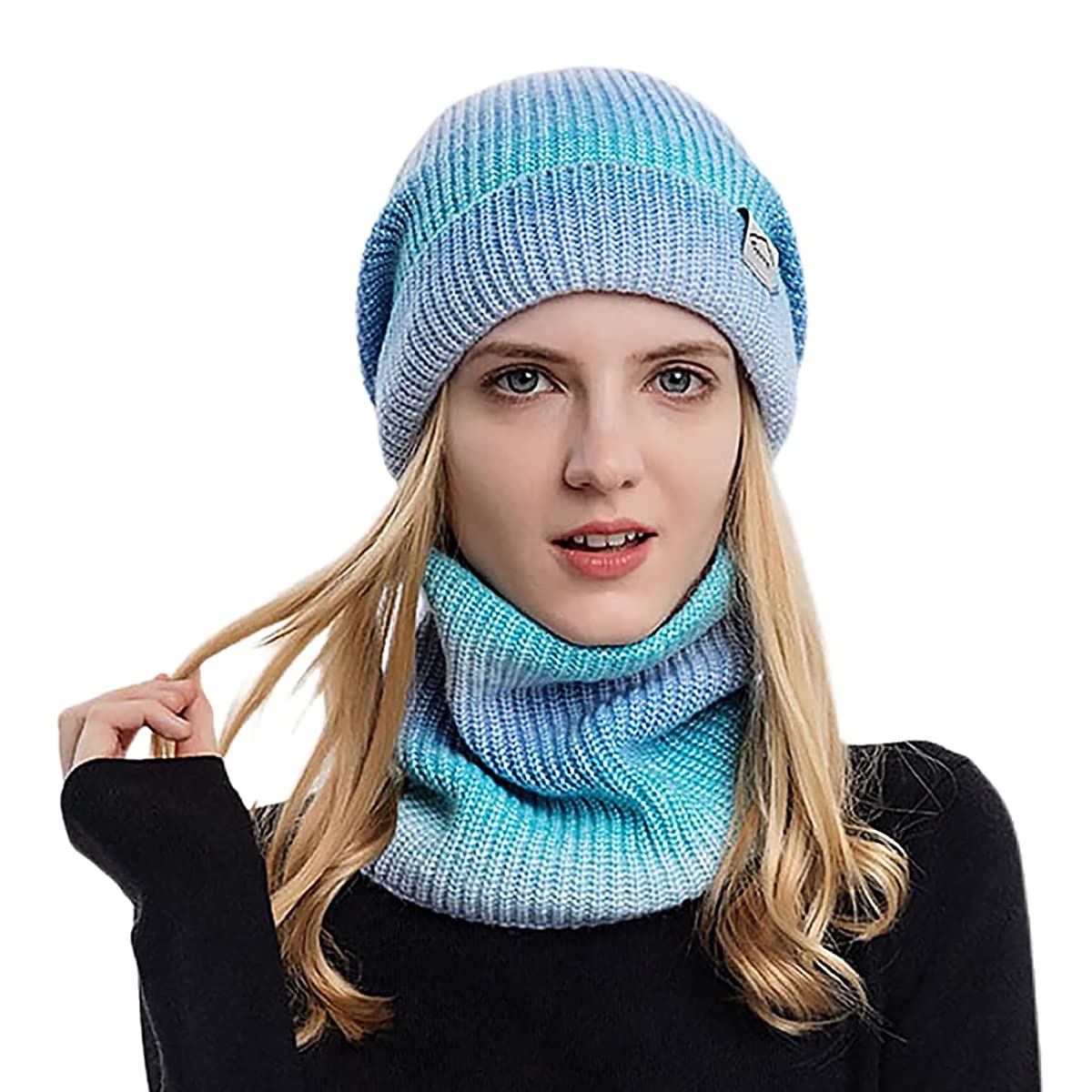 PALAY® Beanie Cap for Women Fleece Lined Winter Hat with Neck Warmer Scarf for Women Girls, Fashion Knit Warm Winter Cap Scarf Set (Blue)