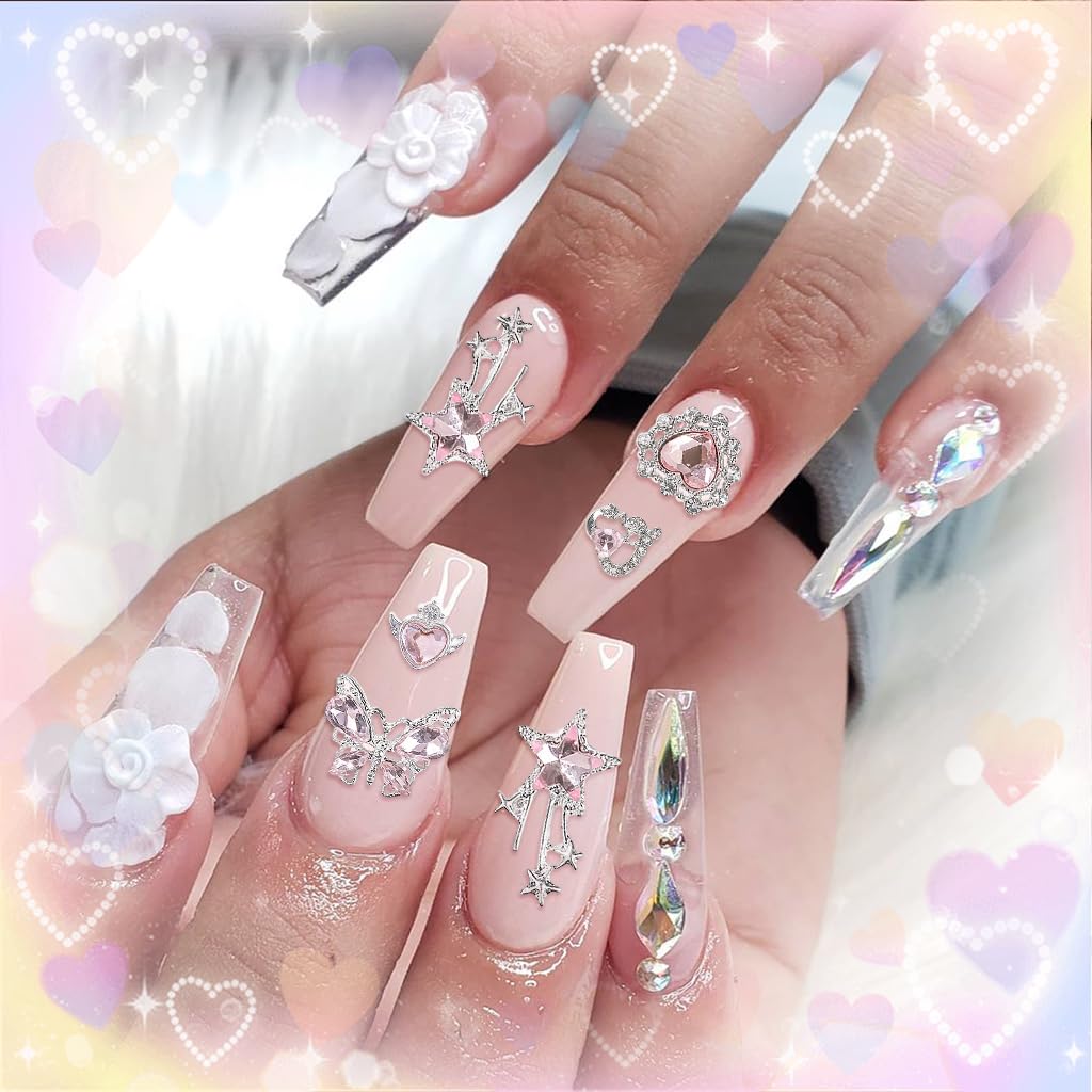 MAYCREATE Nail Charms Set for DIY Art with 24 Alloy 3D Designs and Pink Rhinestones | Kawaii Gems