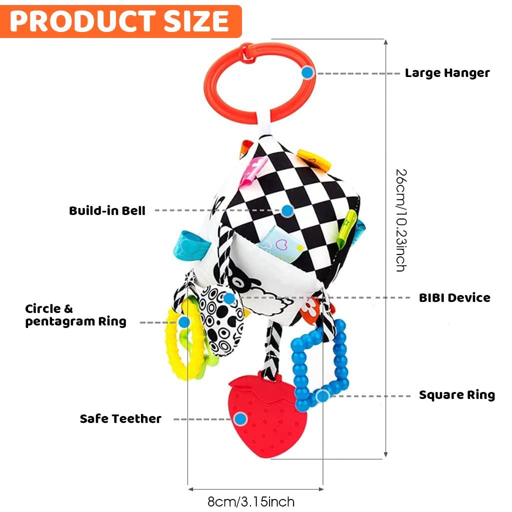 SNOWIE SOFT Baby Hanging Toys for Crib and Stroller with Rattle Sound & Silicone Teether | Soft Cloth High Contrast Toy for Infant 0–12 Months