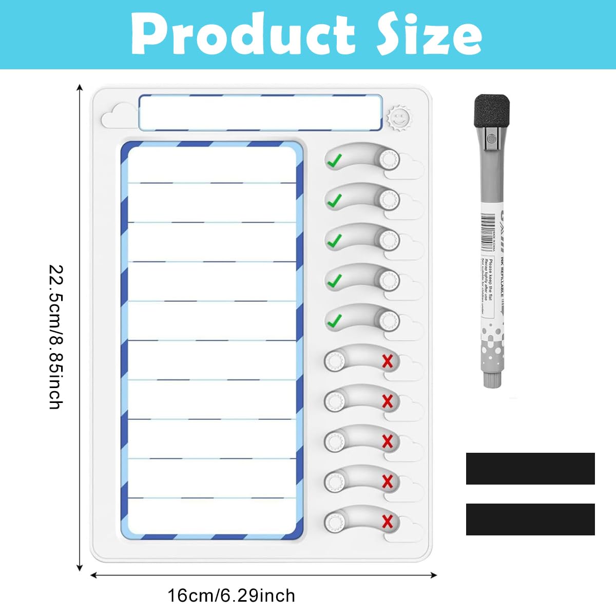 Climberty Magnetic Dry Erase To Do Board for Home and Office featuring Sliding Self Check Button | Blue