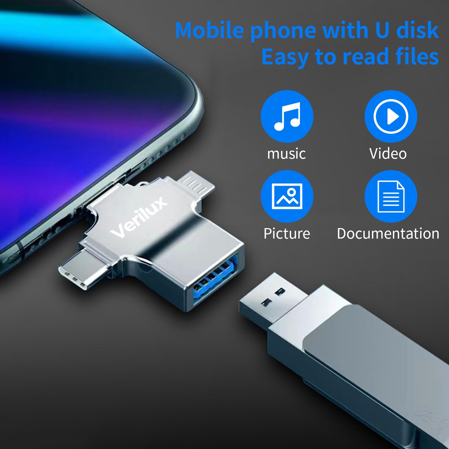 Verilux OTG Adapter 4 in 1 with Type C Micro USB and Lightning Ports for iOS and Android Devices