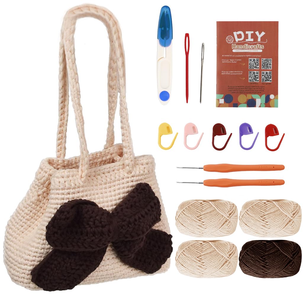 PATPAT® DIY Crochet Bag Material Kit for Adults Beginners Crochet Bag Material with Crochet Hooks, Tools, Yarns, Stitch Marks, Scissors DIY Crochet Bow Knot Hand Bag Gift Handmade Crochet Bag Gift