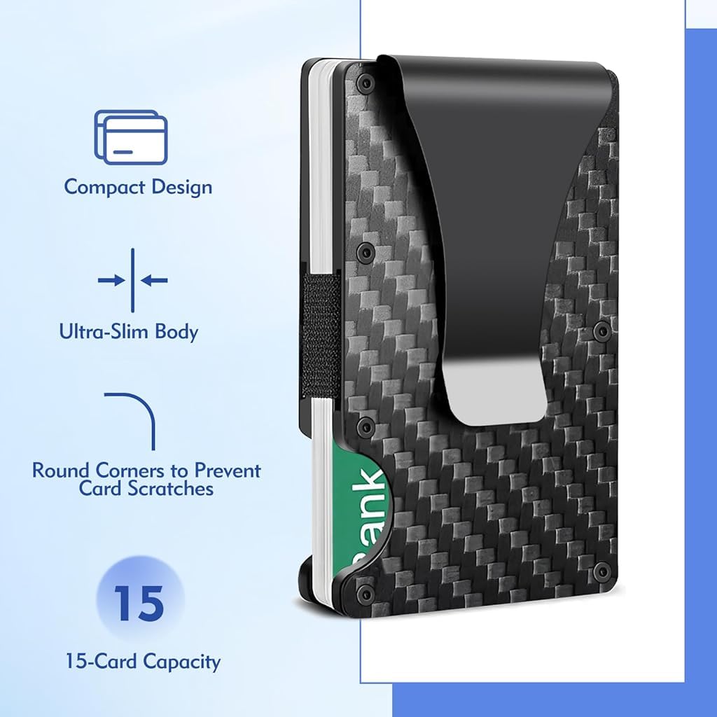 ZIBUYU Business Card Holder for Men with Metal Cash Binder and RFID Blocking | 15 Card Slim PU Leather Wallet Black