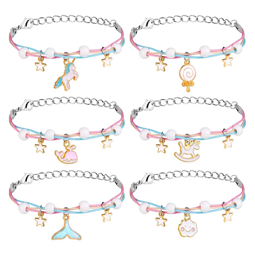 SANNIDHI 6pcs Friendship Bracelet for Girls Kids, Cartoon Enamel Pendent Bracelets Set, Fashion Best Friend Bracelet, Handmade Braided Color Rope Bracelet Jewelry Gift for Girls Students