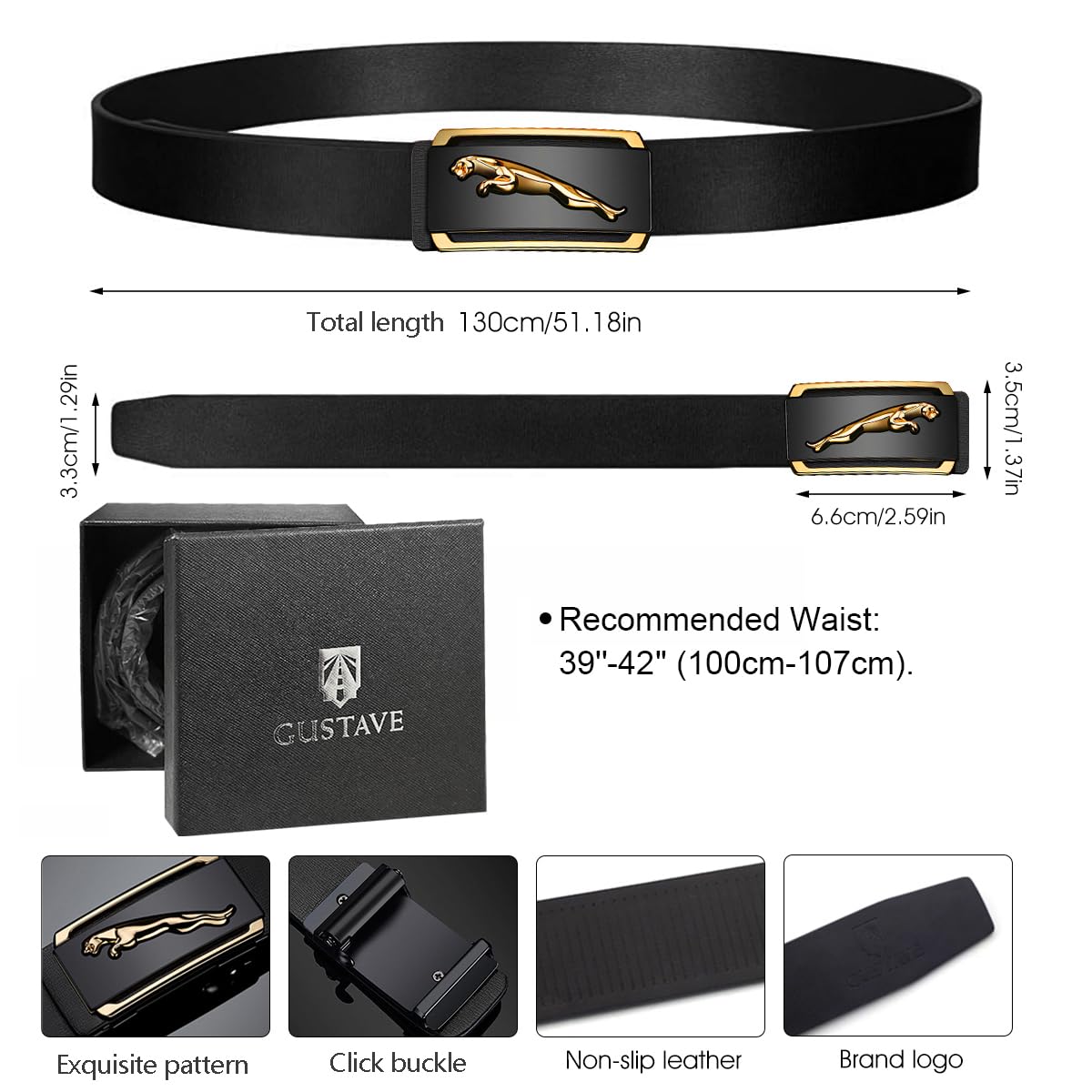 GUSTAVE Men's Belt Adjustable Auto with Lock Buckle Belt Black Belt for Men Leather Belt, Fashion Golden Leopard Pattern Design-Long 125cm