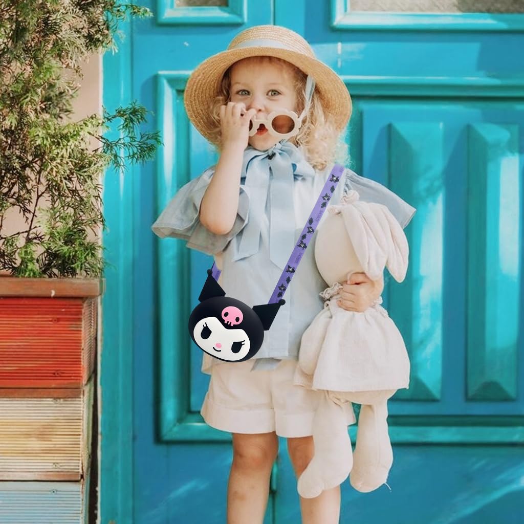 PALAY® Mini Earphone Bag Coin Bag Cartoon Kuromi Mini Coin Bag Silicone Earbud Bag Carry Bag with Detachable Shoulder Strap Cute Mini Coin Bag Mini Purse for Kids, Girls, Gift for Girls