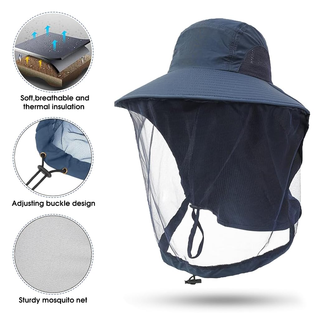 GUSTAVE® Bucket Hat for Men, Mosquito Net Hat Sun Hat with Neck Flap Breathable UV Protection Gardening Bug Net Hat Adjustable Chin Up Design Outdoor Mosquito Net Hat for Hiking, Fishing, Navy Blue