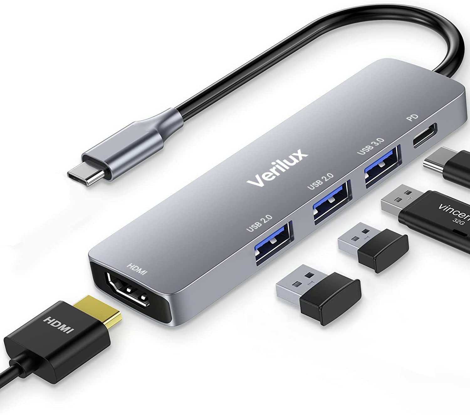 Verilux USB C Hub 5 in 1 with 4K HDMI and 55W PD Charging | Aluminum Multiport Adapter for MacBook
