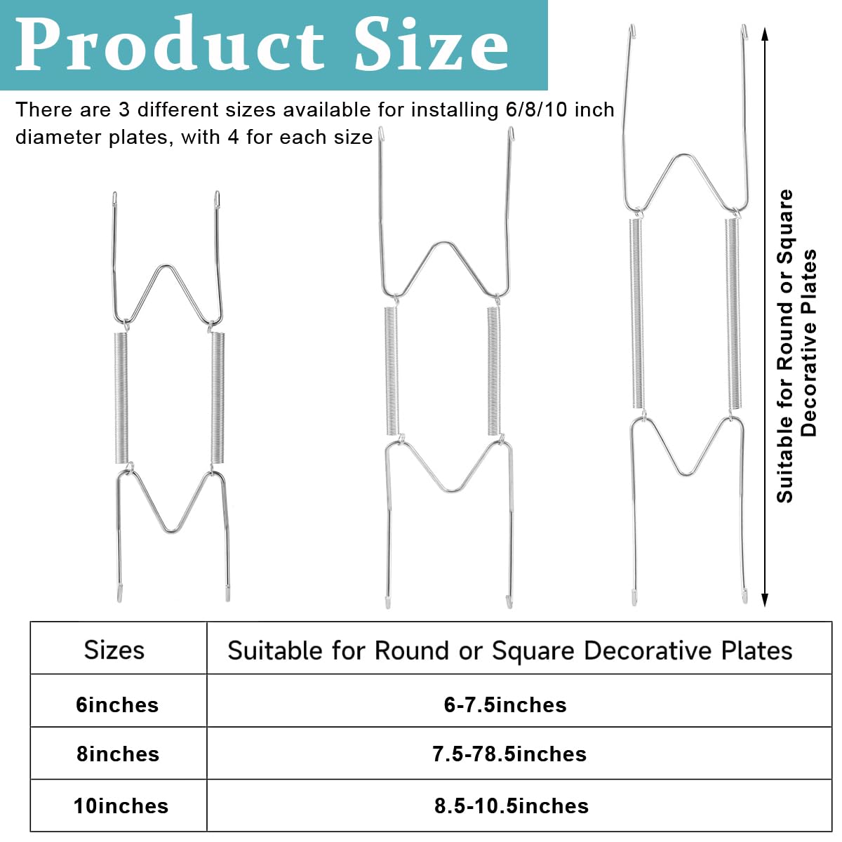 HASTHIP Invisible Wall Plate Hangers for Decorative Plates with 4 Claw Spring Hooks | 12Pcs Stainless Steel Silver Set for 6 8 10 Inch Plates