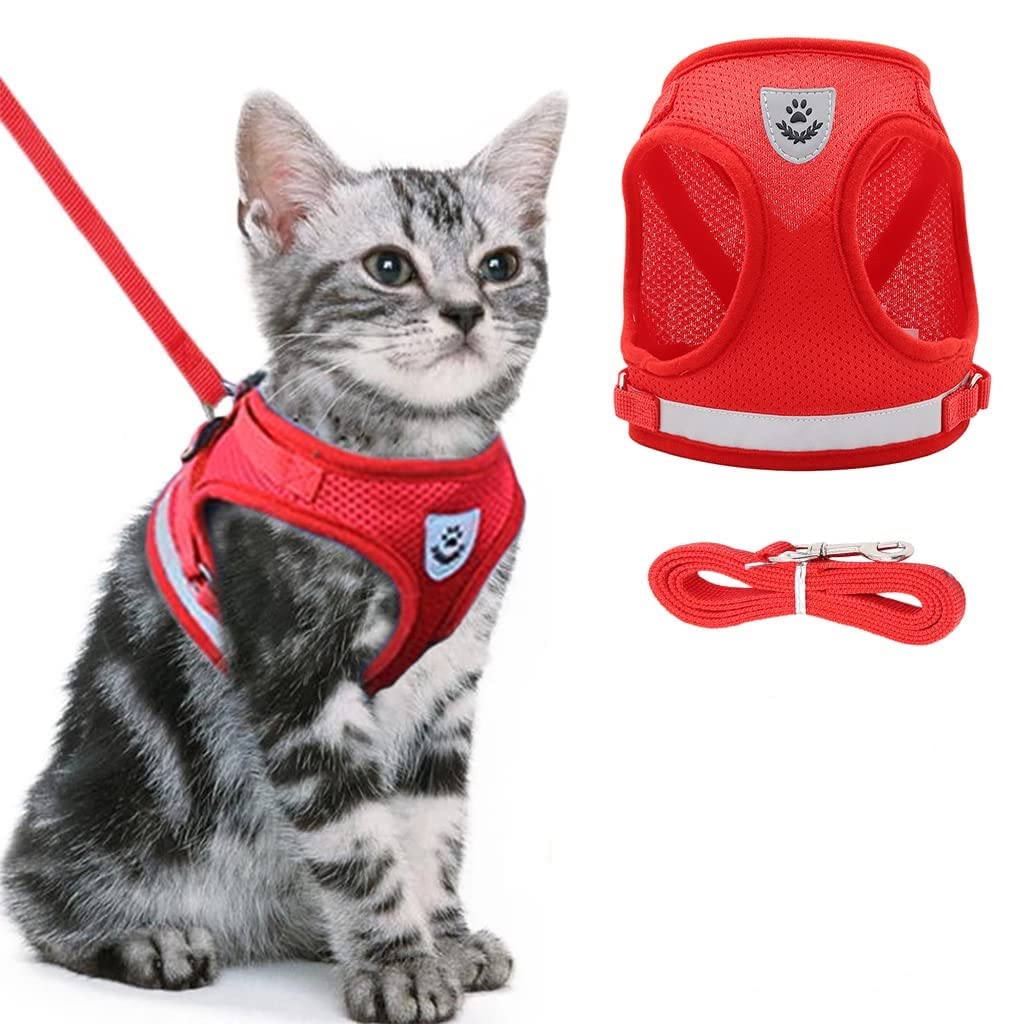 Qpets Cat Vest Harness with 1.2m Dog Leash Adjustable Size Dog Vest Harness Breathable Mesh Fabric with Safety Reflective Strip Dog Harness for Cat(S, red)