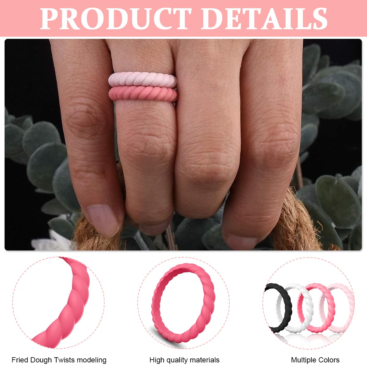 SANNIDHI 4pcs Rings for Women Silicone Rubber Stackable Ring, Sport Style Thin Braided Wedding Rings Bands, Promise Ring - Size 9