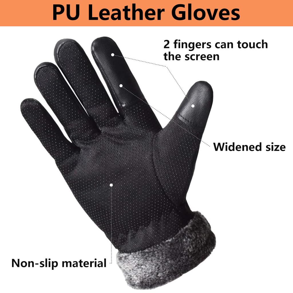 PROBEROS Winter Gloves for Men with Touchscreen Tips and Anti Slip Palm | PU Leather Thermal Liner