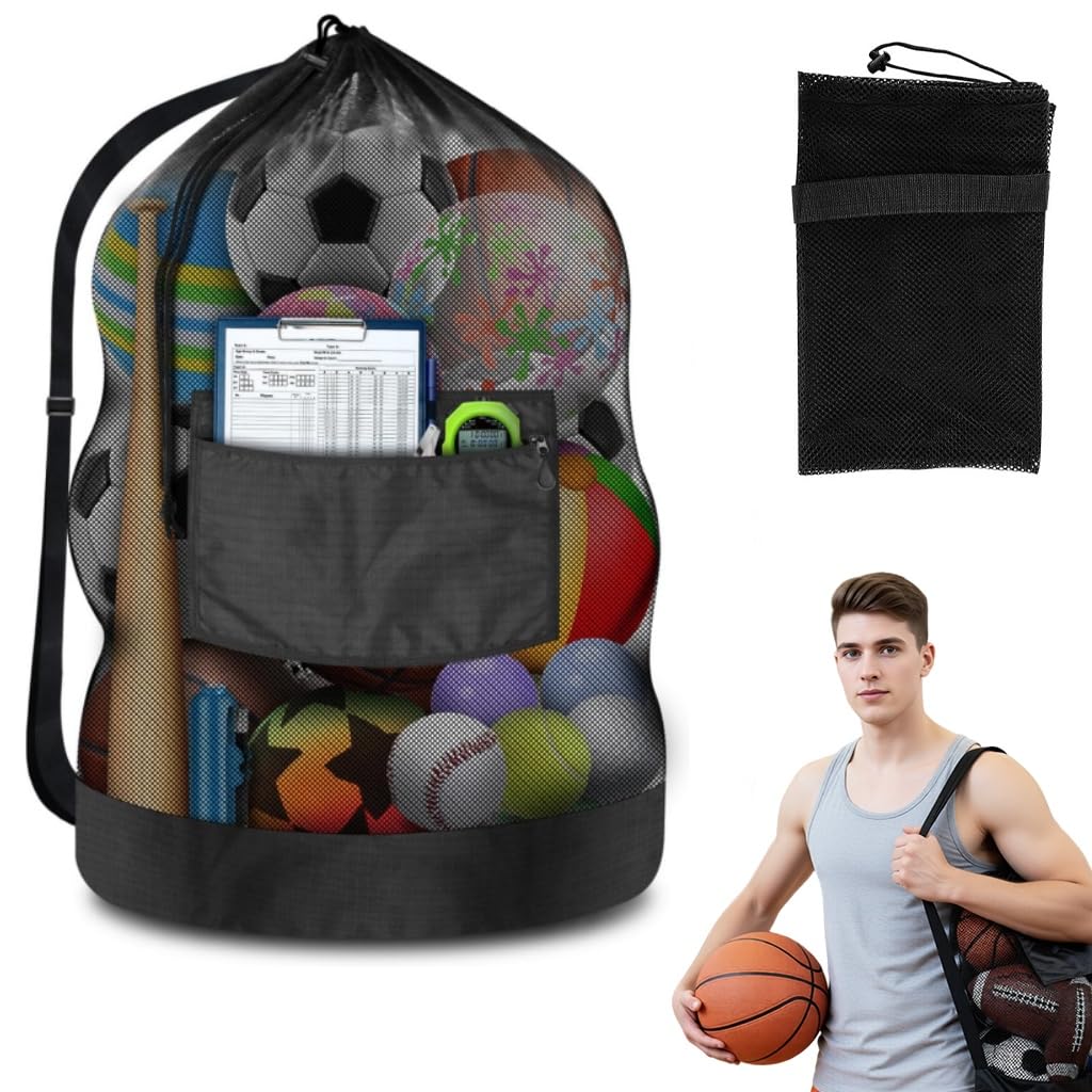 Proberos® Heavy Duty Soccer Ball Net Bag with Pocket, 100x70CM Extra Large Sports Equipment Storage Bag for Coaches, Lightweight & Breathable, for Basketball, Volleyball, Gym Equipment, Swimming Gear