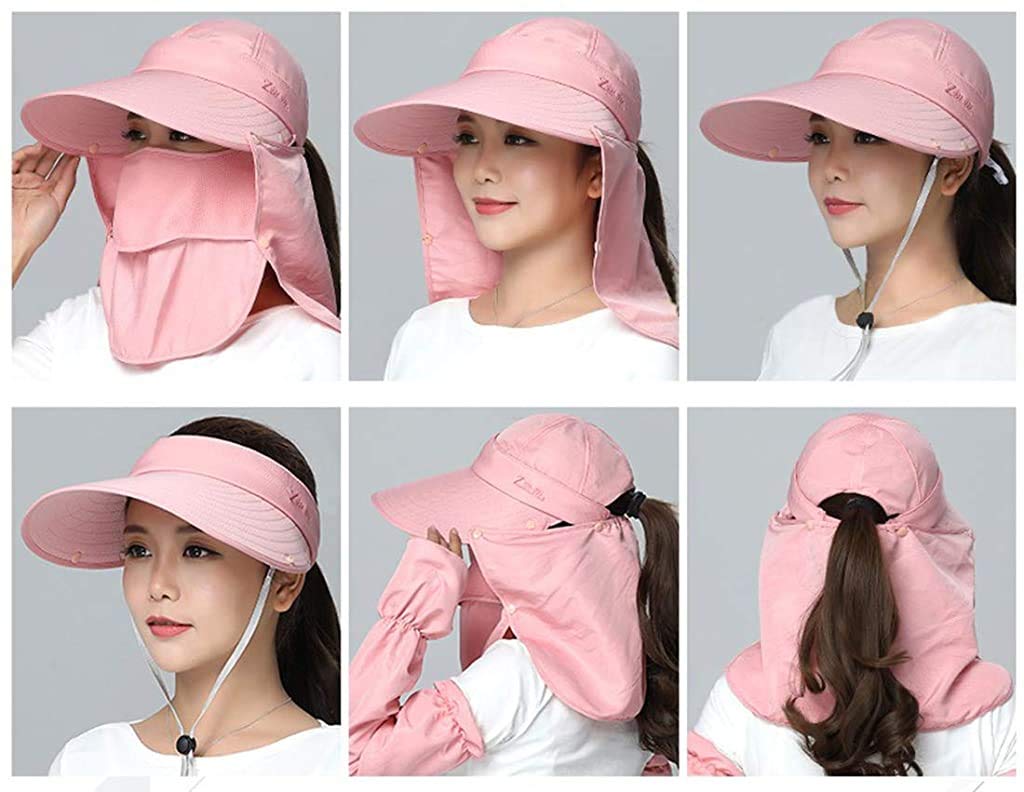 GUSTAVE® Women Sun Wide Brim UV Protection Fishing Hat Foldable Ponytail Summer Hats with Detachable Flaps Pink