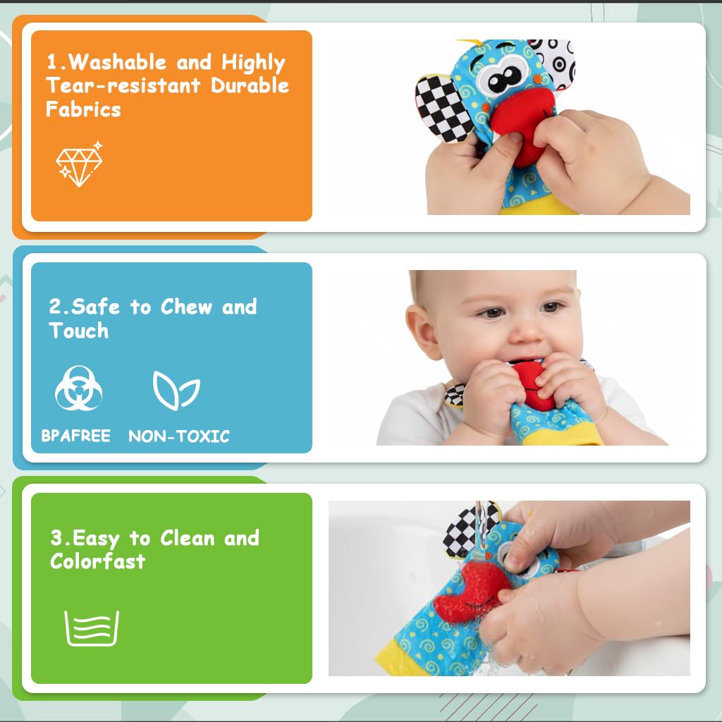 SNOWIE SOFT Baby Rattle Socks and Wristbands for Infant Play with Soft Cotton Plush Toys | Sensory Development Gift