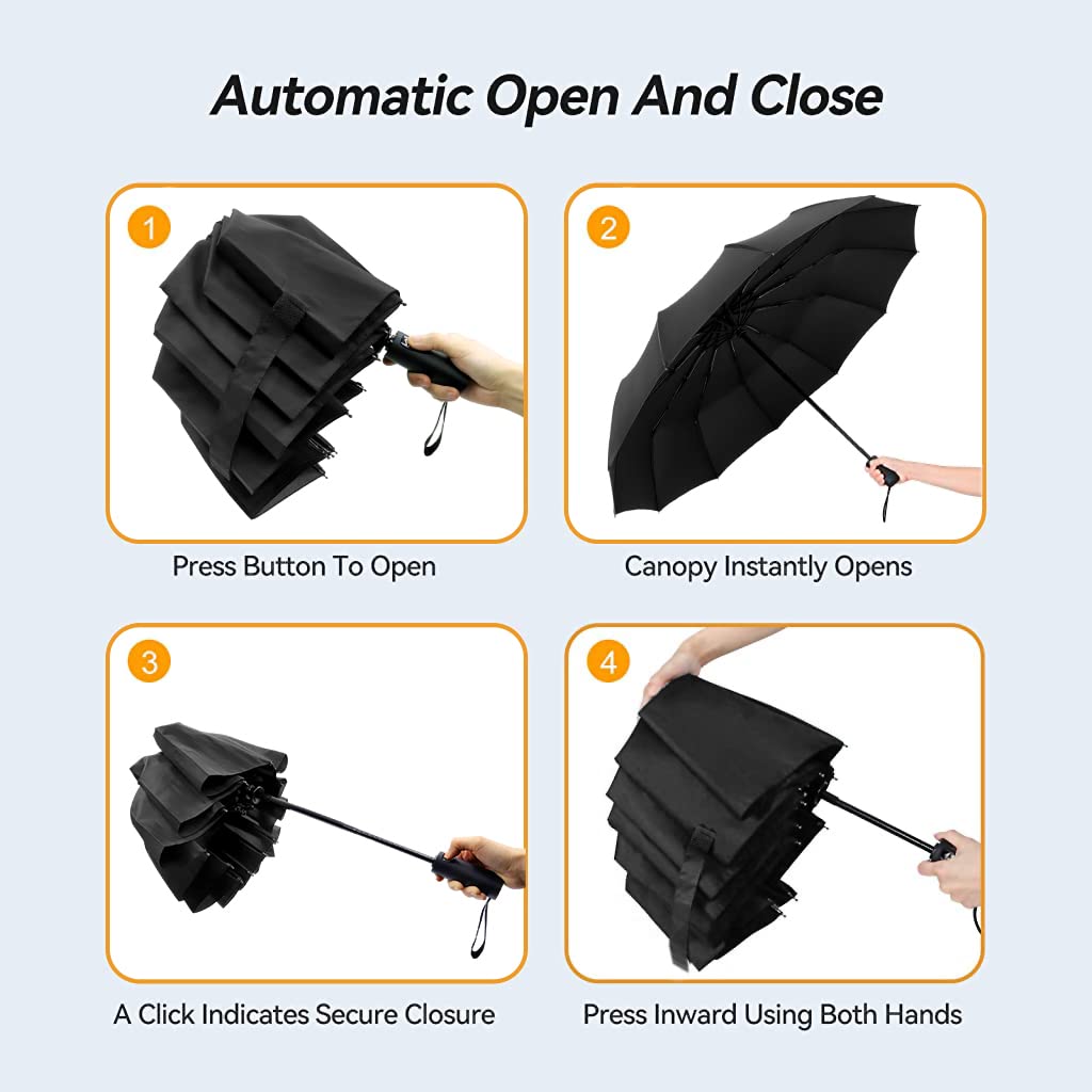 PALAY Umbrella for Travel and Daily Use with 12 Fiberglass Ribs and Auto Open | Black
