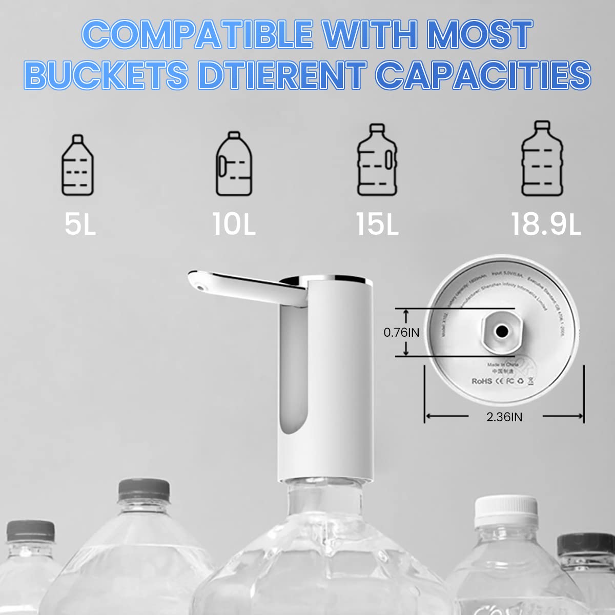 Serplex  Rechargeable Automatic Water Pump - Dispenser with Fold Down Spout Universal Water Bottle Pump Dispenser with Digital Display in Milliliters Automatic Water Bottle Pump,White