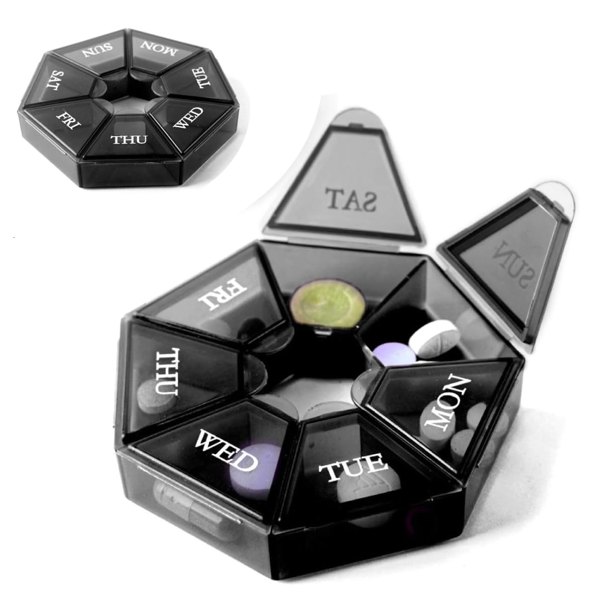 HANNEA Weekly Pill Organizer for Travel with 7 Sided Case 8.3×8.3×1.7cm | Food Grade PP