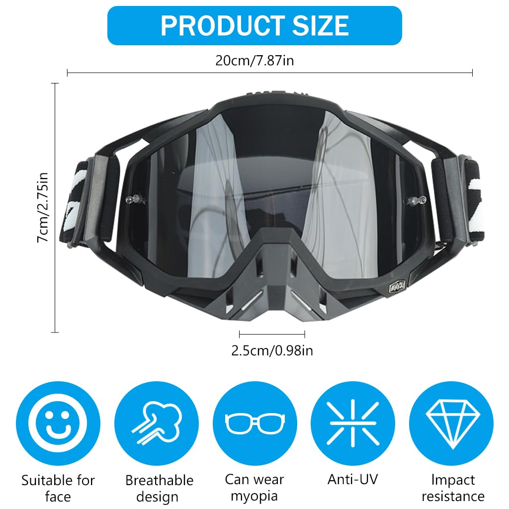 PROBEROS Motorcycle Goggles for Dirt Bike Riding with UV Protection and Anti Fog | 3 PCS Adjustable Black Set