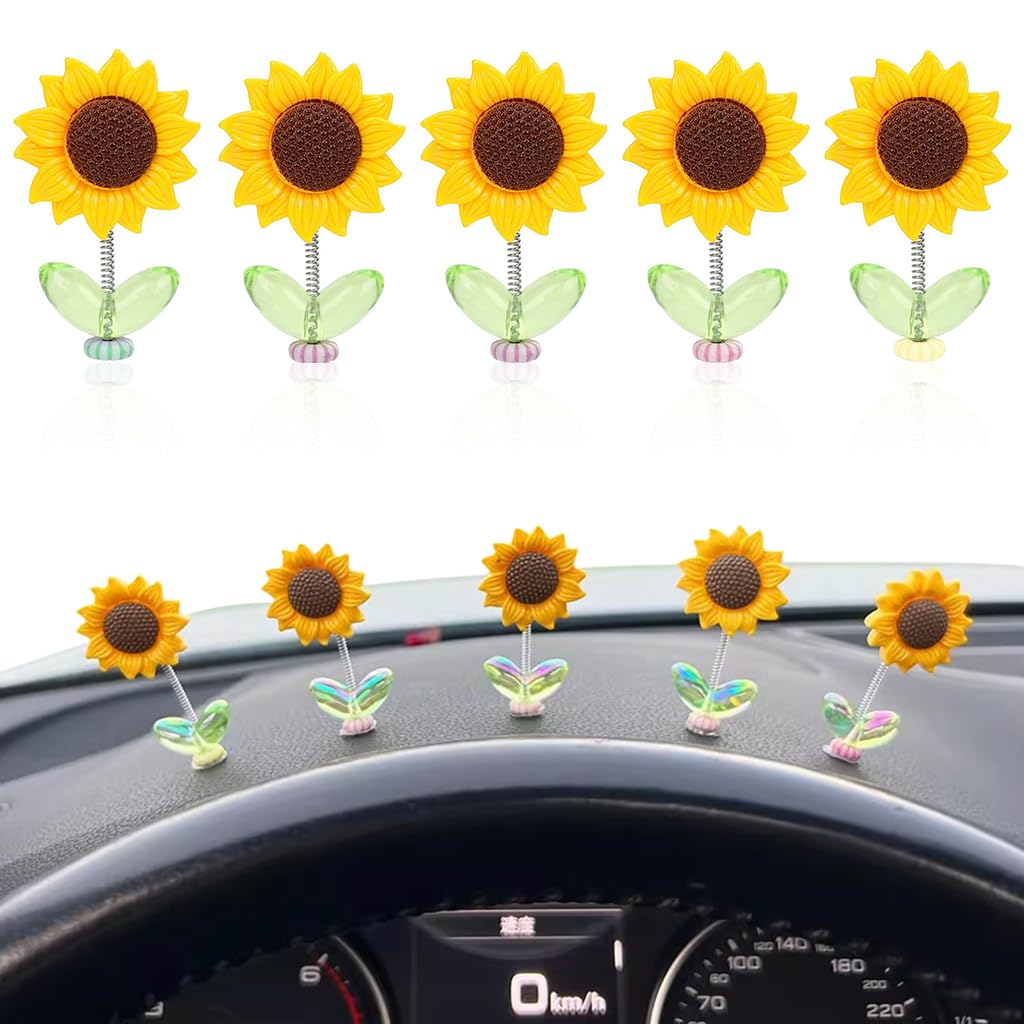 STHIRA Mini Sunflower Car Decoration for Dashboard & Desk with Swing Stem | 15PCS Resin 2.36 in