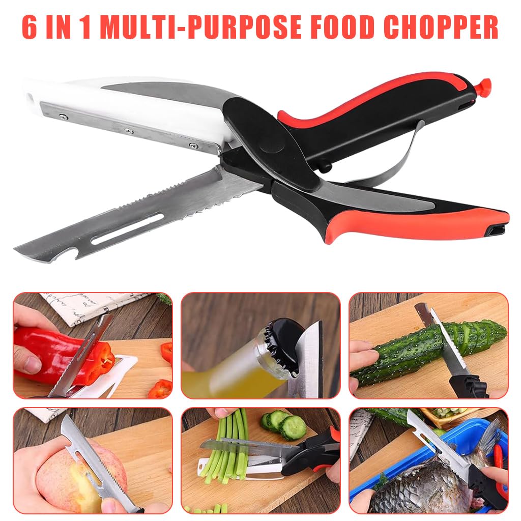 HASTHIP® Vegetable Scissors, Food Cutter Choppers Meat Scissors Kitchen Shears, Quick Vegetable Slicer with Cutting Board Knife Kitchen Must Haves Chopping Scissors for Kitchen